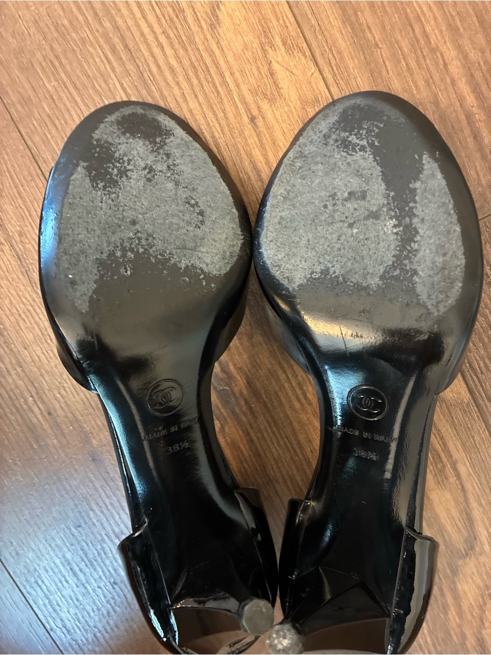 CHANEL Black Patent Leather Open-Toe D'Orsay Heels - Picture 8 of 9